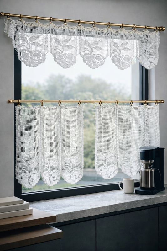 Vintage virkmönster – Gardinkappa rosmönster kafégardin