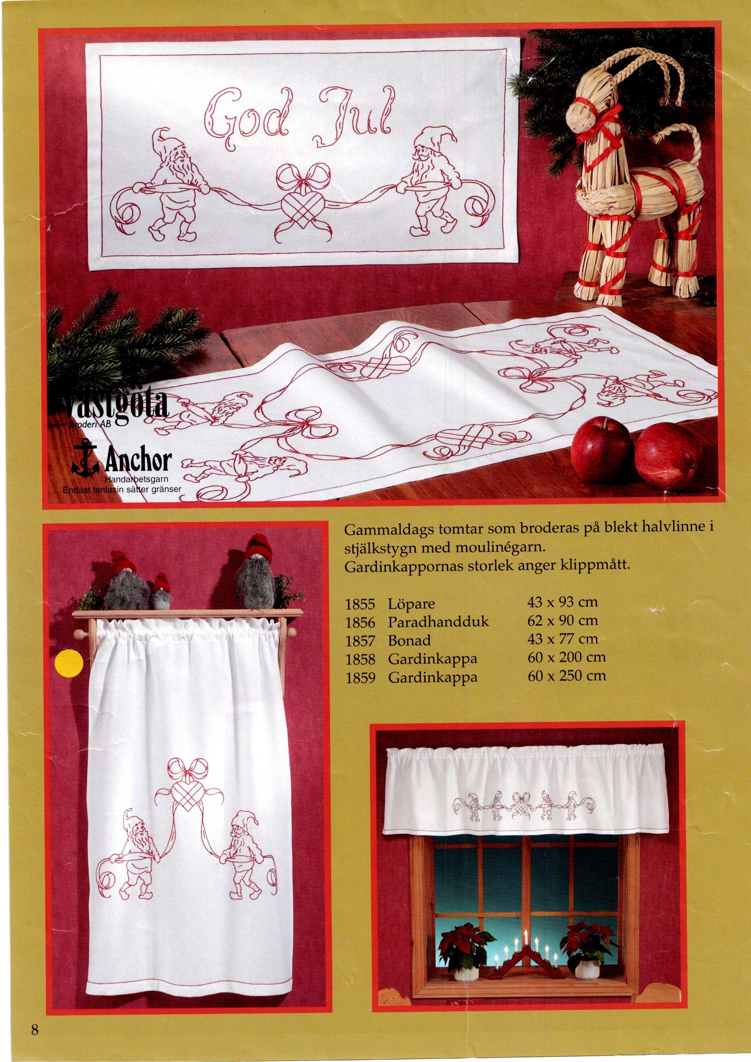 🎄 Gardinkappa Jul Västgöta Broderi 1858 - Tomtar 60x200cm